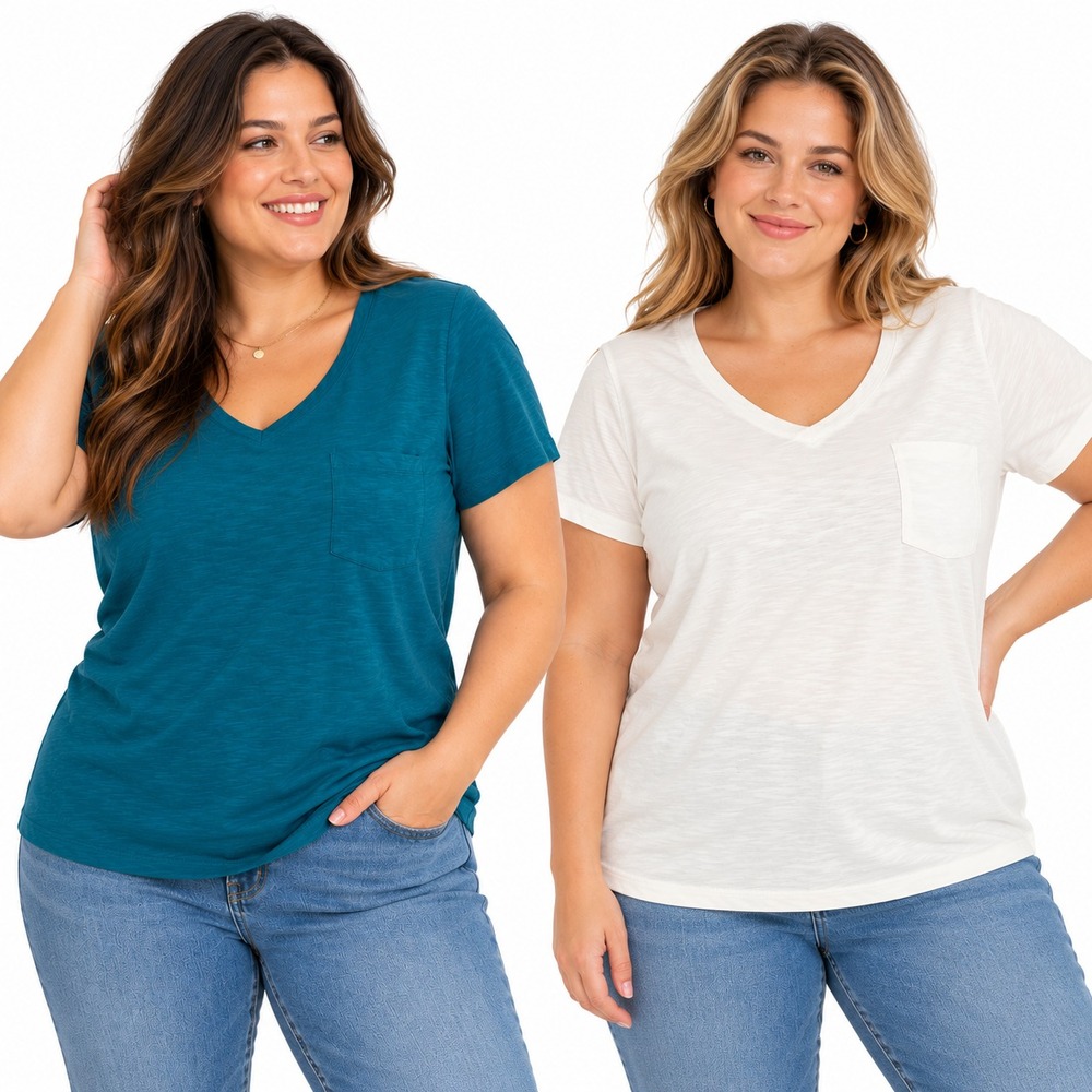 Eddie Bauer Slub V-Neck Women Pocket Tee 2pc Bundle Teal White Cotton Modal XXL